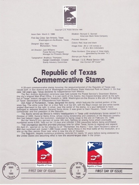 US SP744 Republic of Texas Souvenir Page #2204