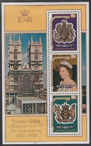 Penrhyn 1978 MH Sc #104d Souvenir sheet of 3 QEII 25th anniversary Coronation