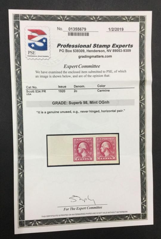 MOMEN: US STAMPS #534 PAIR MINT OG NH PSE GRADED CERT SUP-98