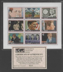 ST. VINCENT #2346 1996 JFK MINT VF NH O.G SHT9 W/CERT.