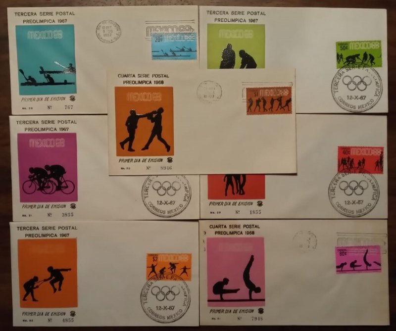 Mexico Olympics 1967 1968 4th postal series FDC covers 7 piece lot  good as seen