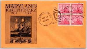 U.S. FIRST DAY COVER STATE OF MARYLAND TERCENTENARY THE ARK AND THE DOVE BLK 4