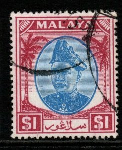 MALAYA SELANGOR SG108 1949 $1 BLUE & PURPLE FINE USED