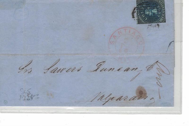 Chile 10c blue SC 5 on 1864 internal cover with long message (16bep)