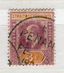 STRAITS SETTLEMENTS; Early 1900s Ed VII issue fine used 3c. + Penang Cancel
