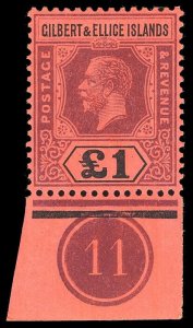 Gilbert & Ellice Is 1912 KGV £1 purple & black/red (Die II) PLATE 11 vfm. SG 24.