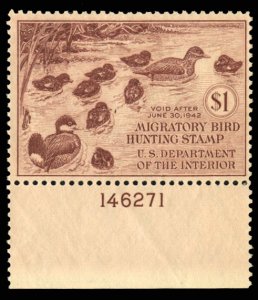 United States, Duck Hunting #RW8 Cat$125, 1941 $1 brown carmine, plate number...