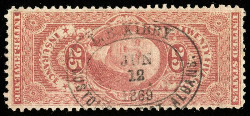 B654 U.S. Revenue Scott #R46c 25c Insurance, 1869 oval customs handstamp cancel