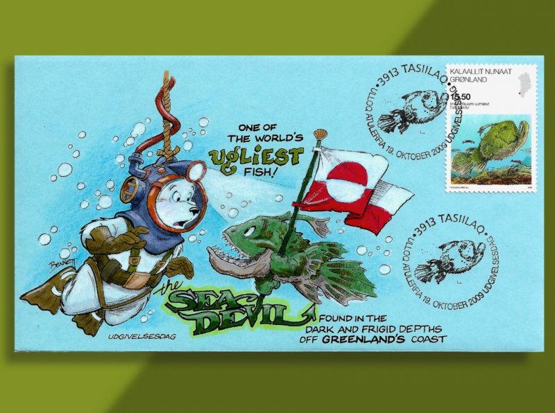 Greenland Celebrates One of the World's UGLIEST Fish!  Handcolored 2009 FDC!