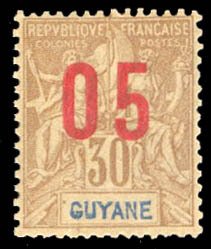 French Colonies, French Guiana #91a Cat$21, 1912 5c on 30c, Wide Spacing. lig...