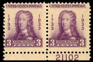 US Sc 726 MNH PAIR w/Plate# - 1933 3¢ - Gen.  Oglethorpe - See Scan