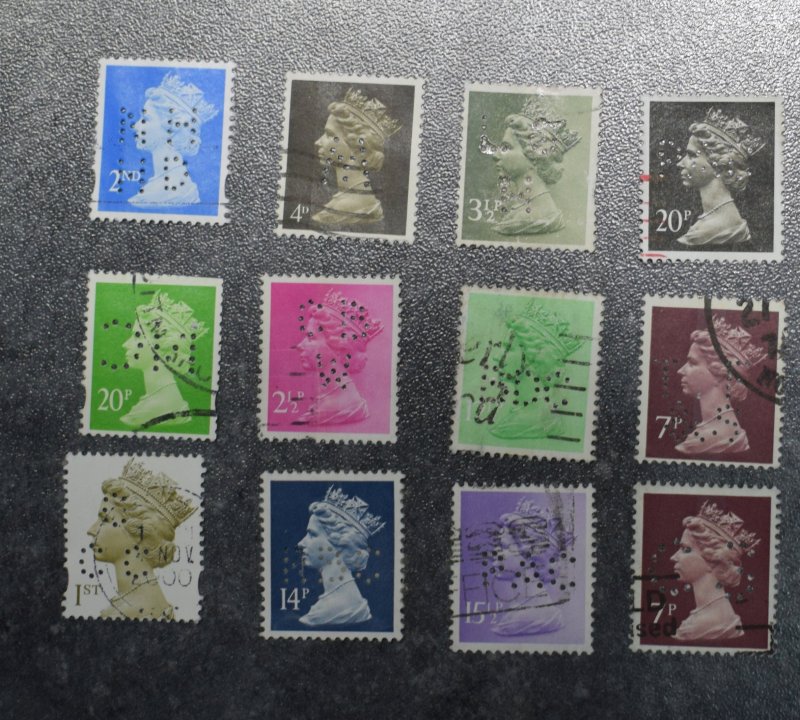 GB Stamps Perfins  Machin x 12       5     ~~L@@K~~