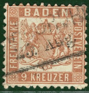 Germany States BADEN Classic Stamp Scott.23 9kr (1864) Used Cat $30+ OGREEN145