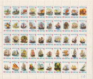 MEXICO TB SEALS 10¢ 1967-68, RAFTS, CANOES, SHIPS. PANE OF 50. MINT, NH. VF