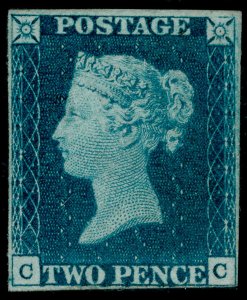 GB QV SG4, SCARCE 2d deep full blue PLATE 1, M MINT. Cat £45000. CC