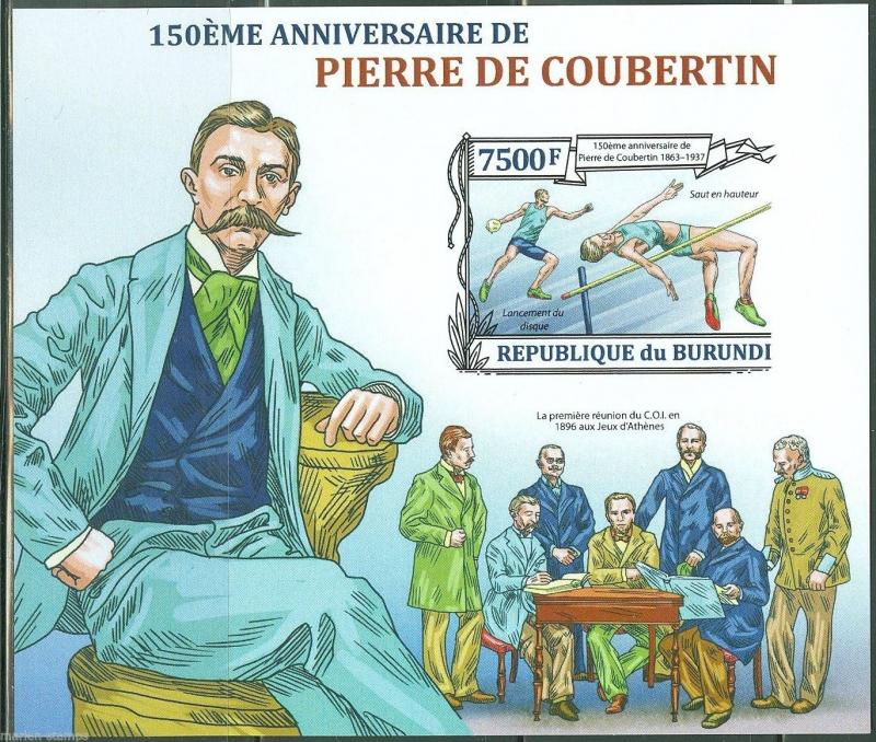 BURUNDI  2013 150th BIRTH PIERRE de  COUBERTIN OLYMPIC GAMES ORGANIZER IMPF  S/S