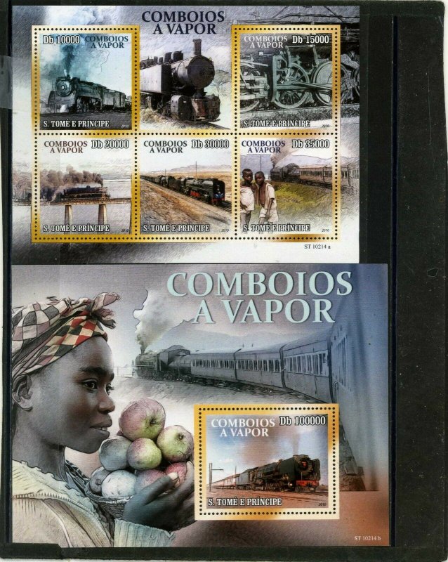 ST.THOMAS & PRINCE ISLANDS 2010 STEAM LOCOMOTIVES SHEET OF 5 STAMPS & S/S MNH 