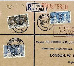 CS265 KGVI CORONATION SET *Aden Camp* Registered 1937 First Day Cover {samwells}