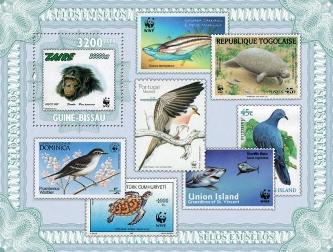 GUINE 2010 BISSAU SHEET WILDLIFE ON STAMPS MONKEYS BIRDS TURTLES gb10407b