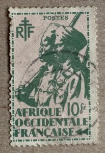 French West Africa 1945 10fr Colonial Soldier. Small faults. Scott 33, CV $0.80