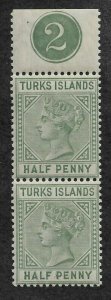 Turks Islands 1882,Victoria Half Penny Vert Pair w/Control #,Sc # 48a,VF MNH**