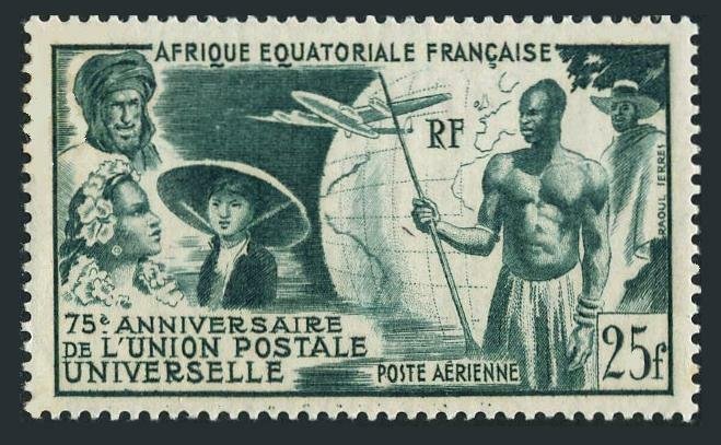 French Equatorial Africa C34,hinged.Mi 284. UPU-75,1949.Colonials,Globe,Plane