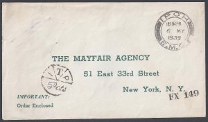 MALAYSIA US 1939 IPOH FMS DATED 6 MY 1939 TO NEW YORK CITY 50ctc POSTAGE DUE MAR