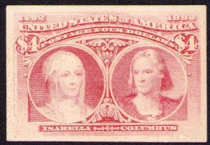 Sc #244P4 $4 COLUMBIAN Proof On Card 1893 Pale Crimson Lake VF