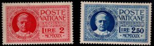 Vatican City Scott E1-E2 MH* 1929 Special Delivery stamp set  trivial thin on E2