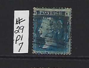 GREAT BRITAIN SCOTT #29 PLATE 7 1858-59 (BLUE) - WMK 20  - USED