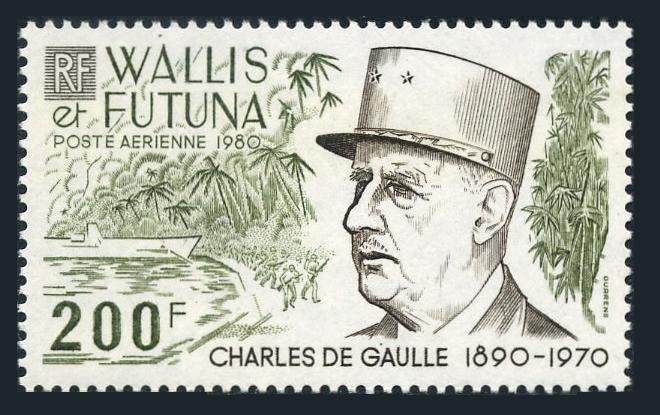 Wallis & Futuna C104,hinged.Michel 384. Charles De Gaulle,1980.WW II scene,ship.