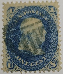 Scott Stamp #63 - 1861 1c Used Franklin, Blue. Very Well Centered. SCV $45.00