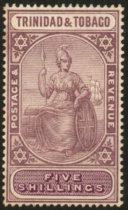 TRINIDAD & TOBAGO-1921 5/- Dull Purple & Purple Sg 213lgum toning LMM V48602