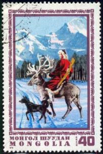 Hunting Scene, Hunter Riding Reindeer, Mongolia SC#854 used