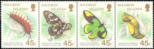 Solomon Islands #606, Complete Set, Strip of 4, 1987, Butterflies, Never Hinged