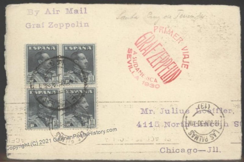 Spain Germany 1930 Graf Zeppelin Seville Brazil Mi63Ia  Flown Cover 103498