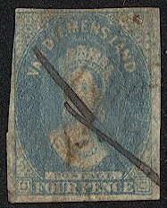 TASMANIA Australia 1857 Sc 13, Used F-VF, 4d QV, ms.Cancel, Sc Wmk 75