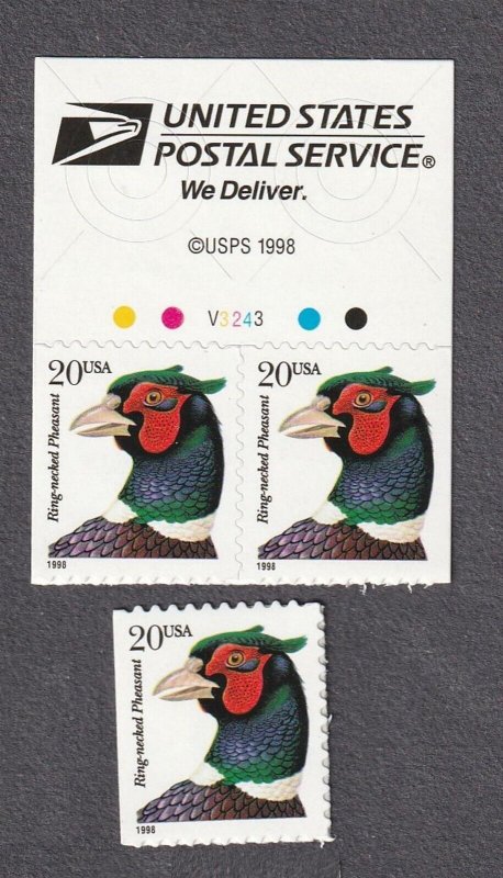 Single 20c Pheasant Die Cut 11 US 3050c MNH F-VF Random Single From V3243 Pane