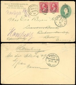 1891 Transatlantic, Grand Rapids - BERLIN, FORWARDED - HAMBURG GERMANY Backstamp