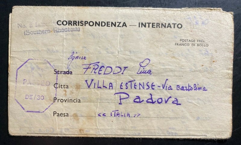 1943 Southern Rhodesia Interment POW Camp 5 Letter Cover To Padova Italy Freddi 