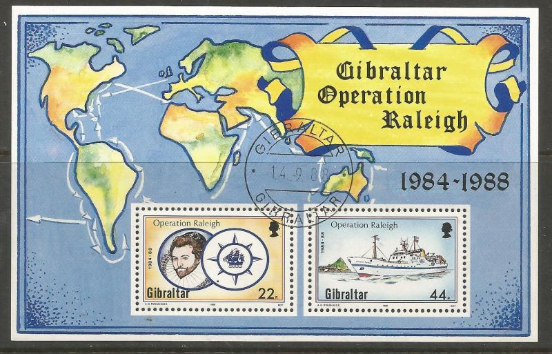 GIBRALTAR 539 USED SIR WALTER RALEIGHS VOYAGE SOUVENIR SHEET 1988