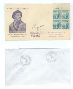 US 734 1933 5c General Kosciusoko (plate number, block of four)on a registered first day cover with a Gill cachet and a Chicago,
