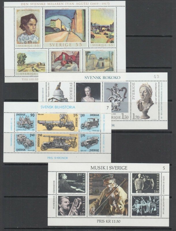 Sweden Sc 821, 1298, 1334, 1473, MNH. 1969-83 Souvenir Sheets, 4 different, VF