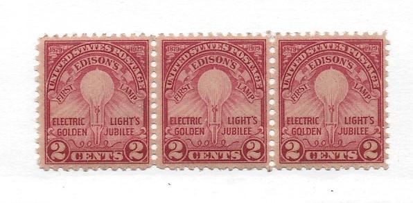 United States, 654, 2c Edison Fine Strip of 3, **MNH**