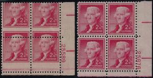1033 - 2c Huge Misperf Error / EFO Plate# Block of 4 Thomas Jefferson Mint NH