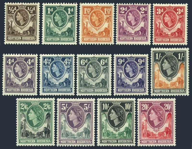 Northern Rhodesia 61-74, lightly hinged. Mi 61-74. QE II,1953. Giraffe,Elephants