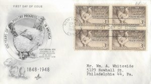 1948 FDC, #968, 3c Poultry Industry, Art Craft, block of 4