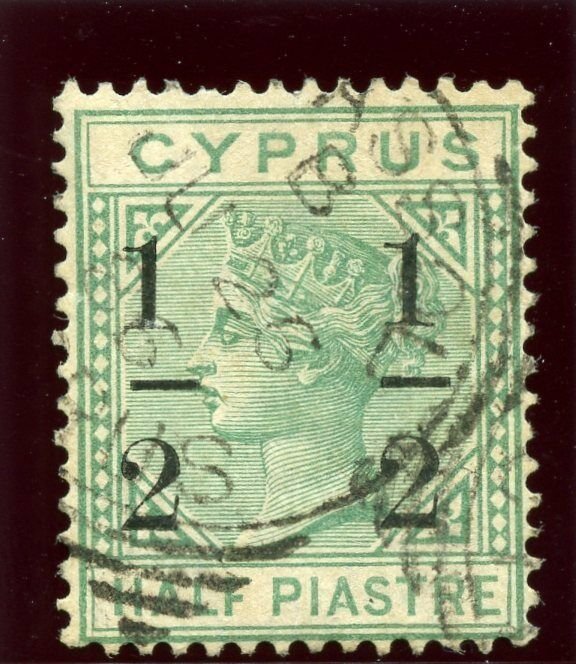 Cyprus 1886 QV ½ on ½pi emerald-green very fine used. SG 27. Sc 26a.