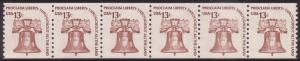 #1618 1618v Liberty Bell 13c Dull Gum Line Pair Strip 6 MNH