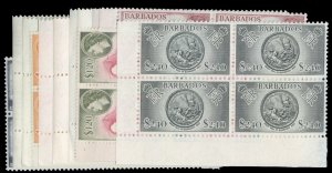 Barbados #235-247 Cat$289, 1953-57 QEII, complete set in blocks of four, neve...